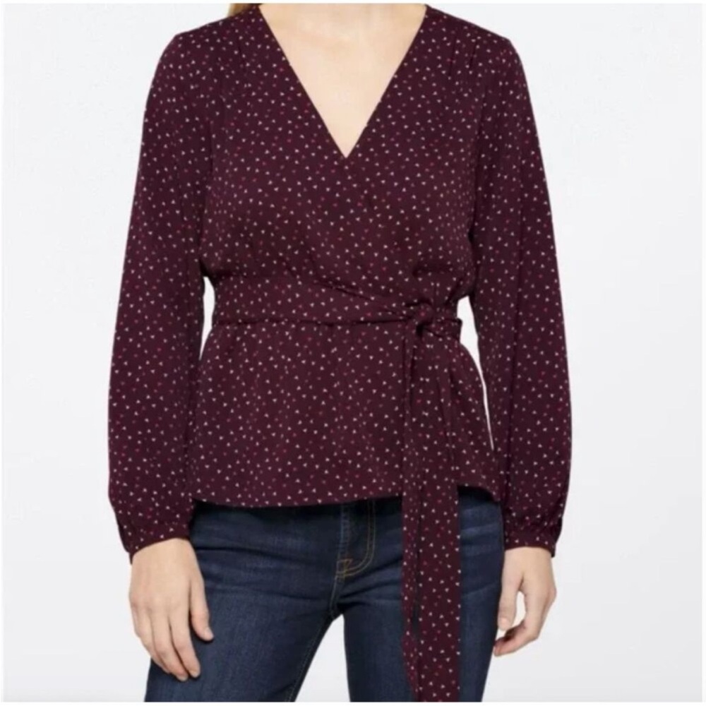 NWT 41 HAWTHORN Zendaya Faux Wrap Tie Waist Burgundy Blouse, Size Small Petite